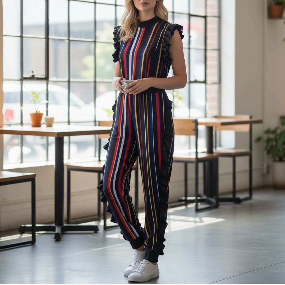 Vintage 80s Black Multi Color Striped Ruffle Jumpsuit Womens Large Mock Neck